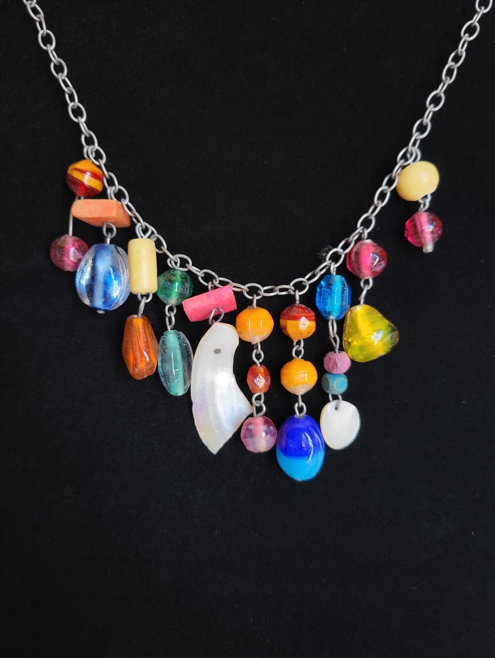 ​Multi Color Art Glass Shell Charm Necklace Eclectic Boho